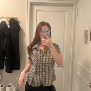 Princess Polly Blue and Cream Plaid Short Sleeve Shirt